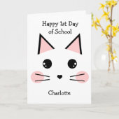 かわいいパーソナライズされた猫が学校の初日 カード (黄色い花)