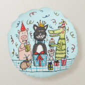 かわいいパーソナライズされた誕生日パーティー動物 ラウンドクッション (裏面)