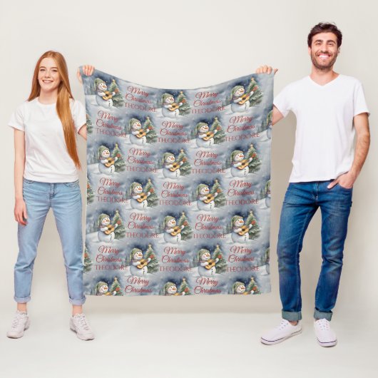 かわいいパーソナライズされた雪だるまギタークリスマス フリースブランケット (インサイチュ)