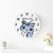 かわいいパーソナライズされた青い子猫の大きな時計 ラージ壁時計 (ホーム)