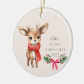 かわいいパーソナライズされた鹿キッド初めてのクリスマス セラミックオーナメント (左)