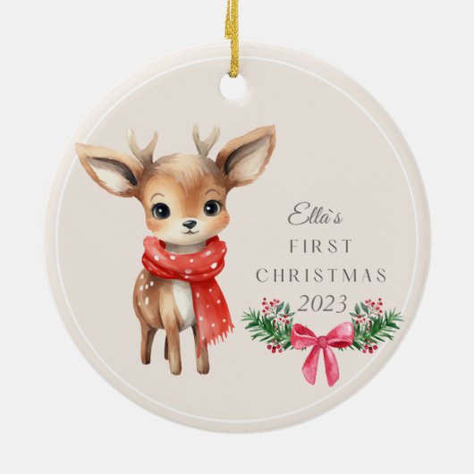 かわいいパーソナライズされた鹿キッド初めてのクリスマス セラミックオーナメント (裏面)