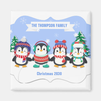 かわいいパーソナライズされた4ペンギンのクリスマスマグネット マグネット