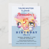 かわいいパーティーアニマルペンギンキッズ誕生日パーティー 招待状 (正面)