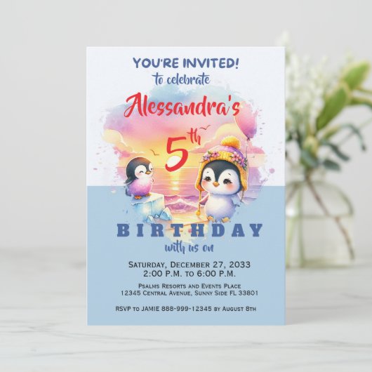 かわいいパーティーアニマルペンギンキッズ誕生日パーティー 招待状 (スタンド正面)