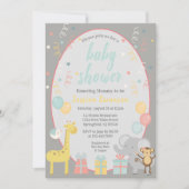 かわいいパーティーアニマル ベビーシャワー招待状 - 青 招待状 (正面)