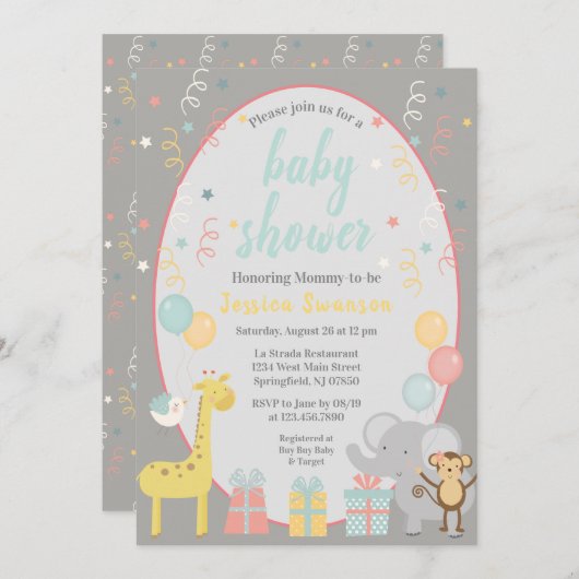 かわいいパーティーアニマル ベビーシャワー招待状 - 青 招待状 (正面/裏面)