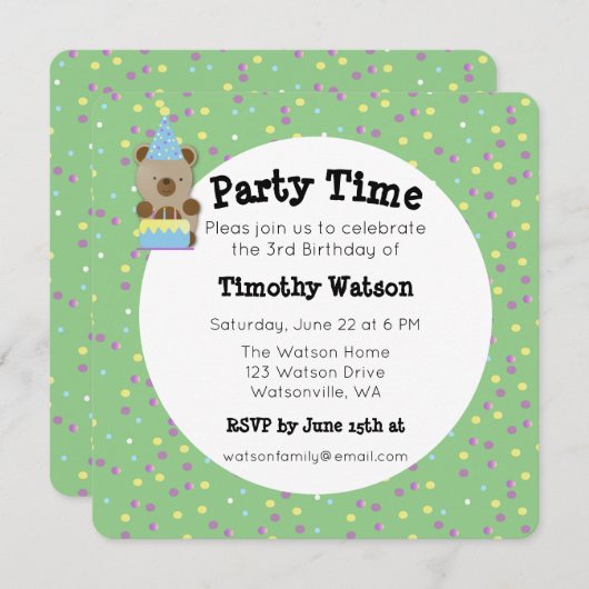 かわいいパーティーテディベア誕生日パーティーの招待状 招待状 (正面/裏面)