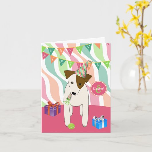 かわいいパーティードッグの漫画　JRTの女の子のハッピーバースデー カード (黄色い花)