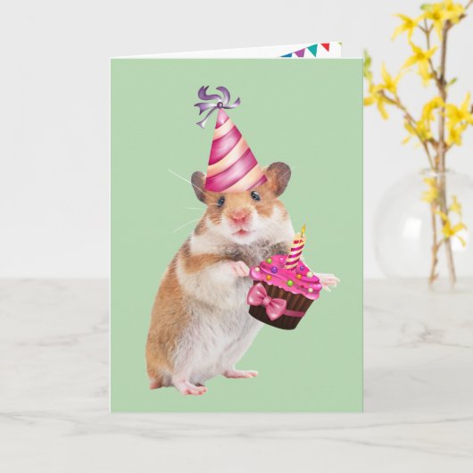 かわいいパーティーマウス及びカップケーキ誕生日 カード (黄色い花)