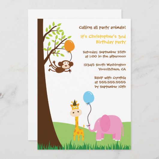 かわいいパーティー動物おもしろい誕生パーティーの招待 招待状 (正面/裏面)