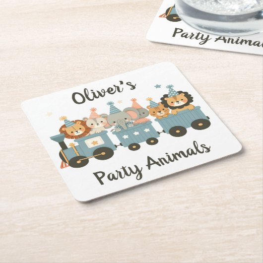 かわいいパーティー動物たちパーソナライズされた|過去記事 スクエアペーパーコースター (アングル)