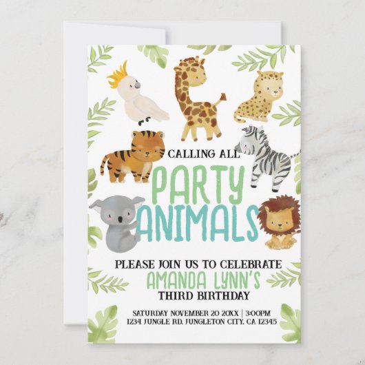 かわいいパーティー動物の子供の誕生日招待状 招待状 (正面)