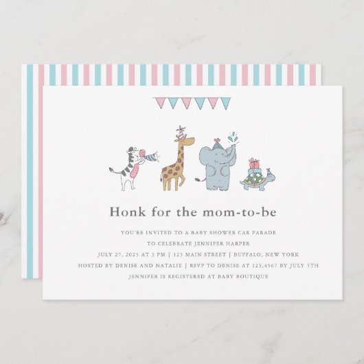 かわいいパーティー動物の赤ちゃんシャワー 招待状 (正面/裏面)