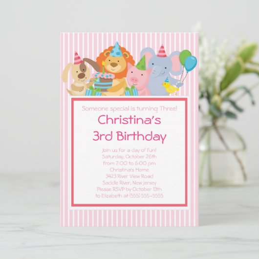 かわいいパーティー動物バースデーパーティ招待状 招待状 (スタンド正面)