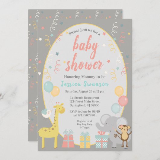 かわいいパーティー動物ベビーシャワー招待状 – ピンク 招待状 (正面/裏面)