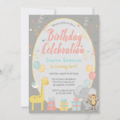 かわいいパーティー動物園の動物誕生祝いピンク 招待状 (正面)