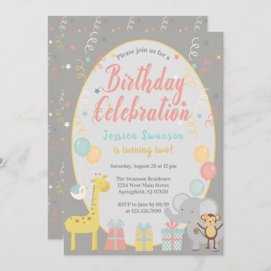かわいいパーティー動物園の動物誕生祝いピンク 招待状 (正面/裏面)