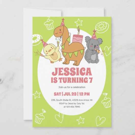 かわいいパーティー動物漫画子供の誕生日 招待状 (正面)