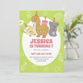 かわいいパーティー動物漫画子供の誕生日 招待状 (スタンド正面)