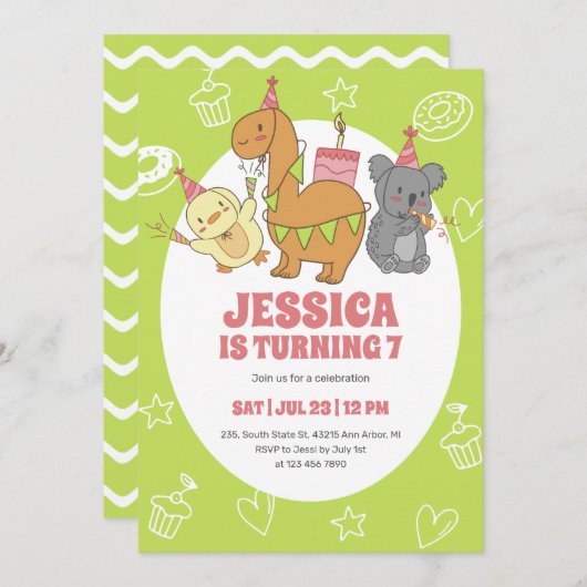 かわいいパーティー動物漫画子供の誕生日 招待状 (正面/裏面)