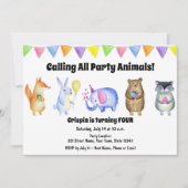 かわいいパーティー動物誕生日招待状 招待状 (正面)