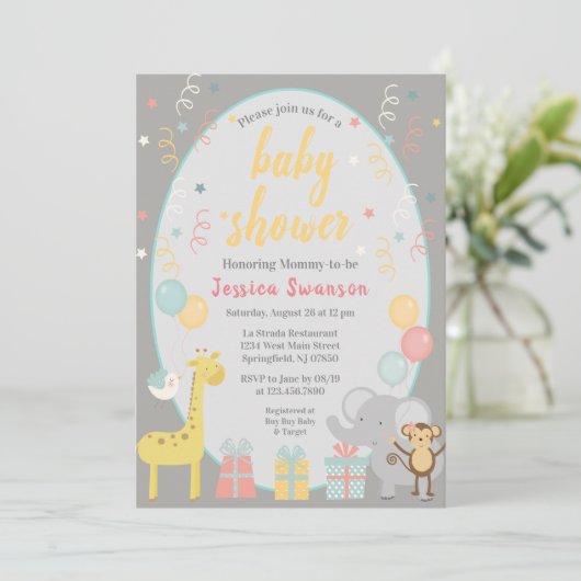 かわいいパーティー動物赤ちゃんシャワー招待状黄色 招待状 (スタンド正面)