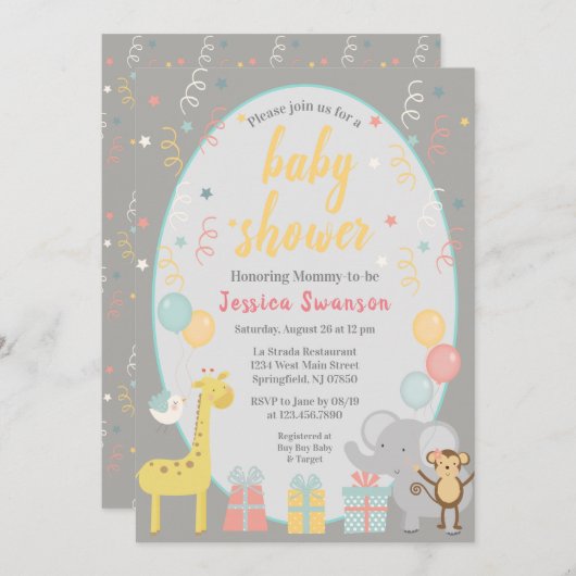 かわいいパーティー動物赤ちゃんシャワー招待状黄色 招待状 (正面/裏面)