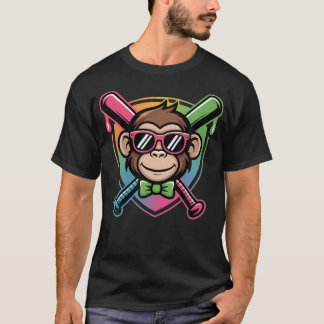 かわいいパーティー動物野球おもしろサル Tシャツ