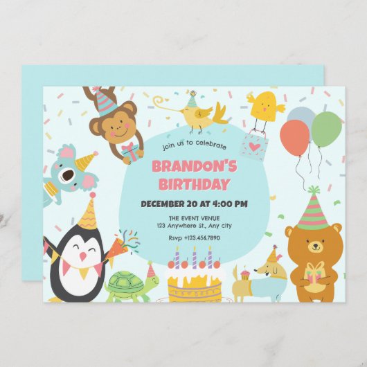 かわいいパーティー動物 招待状 (正面/裏面)