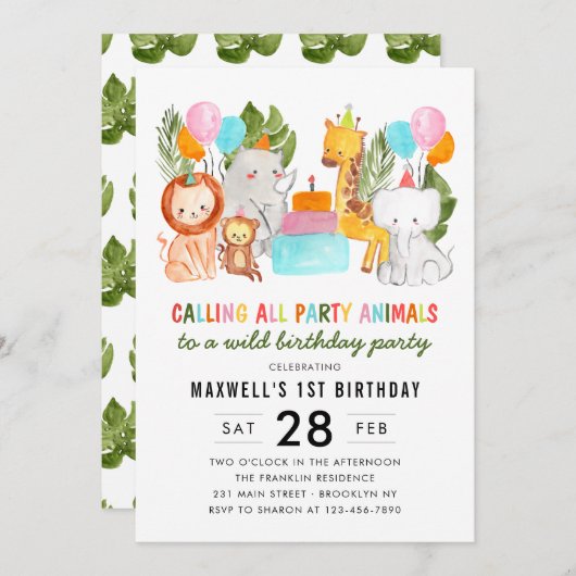 かわいいパーティー大好きな動物園のサファリ誕生日パーティー 招待状 (正面/裏面)