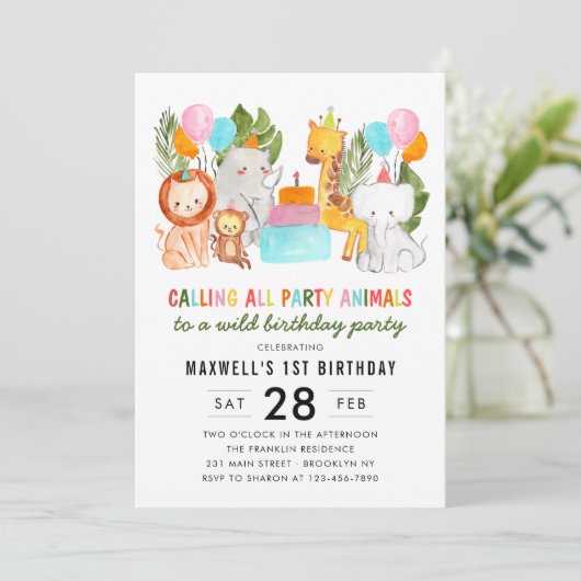 かわいいパーティー大好きな動物園のサファリ誕生日 招待状 (スタンド正面)