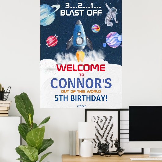 かわいいパーティー宇宙飛行士誕生日へようこそ ポスター (ホームオフィス)