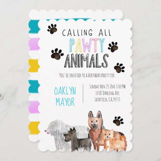 かわいいパーティー犬のテーマキッド誕生日招待状 招待状 (正面/裏面)