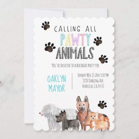 かわいいパーティー犬のテーマキッド誕生日招待状 招待状 (正面)