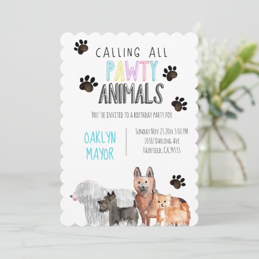 かわいいパーティー犬のテーマキッド誕生日招待状 招待状 (スタンド正面)