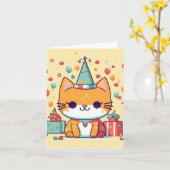 かわいいパーティー猫の誕生日カード、カード、グリーティング カード (黄色い花)