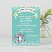 かわいいパーティー誕生日ボーイ雪片ペンギン 招待状 (スタンド正面)