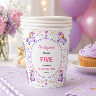 かわいいパープルのパステルマジックユニコーンの5歳の誕生日 紙コップ