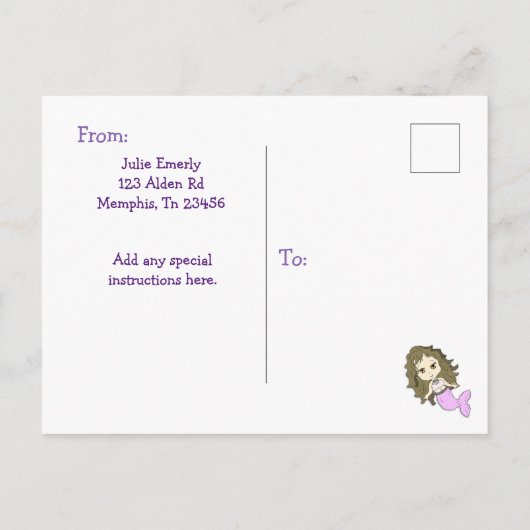 かわいいパープルの人魚のポストカードの誕生日パーティー招待状 インビテーションポストカード (裏面)
