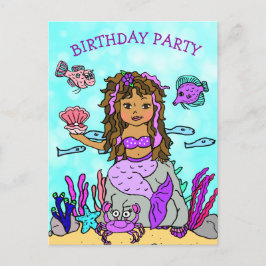 かわいいパープルの人魚の誕生日招待状 ポストカード