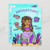 かわいいパープルの人魚の誕生日招待状 ポストカード (正面/裏面)