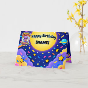 かわいいパープルの宇宙人宇宙冒険の誕生日 カード