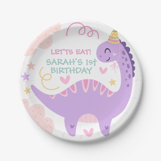 かわいいパープルの恐竜の子供の誕生日 ペーパープレート (正面)