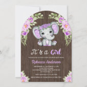 かわいいパープルの花と象のアーチの木製ベビーシャワー 招待状 (正面)