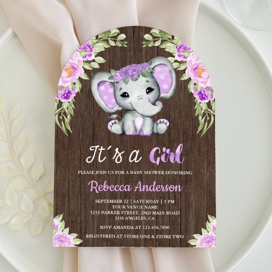 かわいいパープルの花と象のアーチの木製ベビーシャワー 招待状