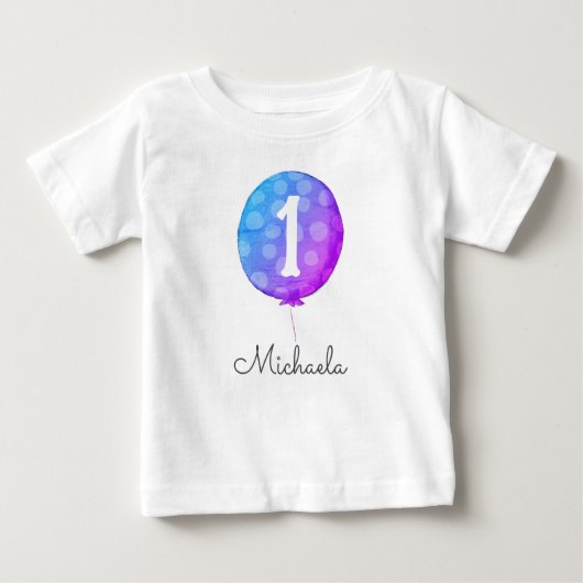かわいいパープルの赤ちゃんの女の子の風船 1歳の誕生日 幼児 ベビーTシャツ (正面)