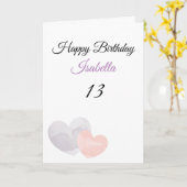 かわいいパープルウォーターカラーダブルハート13誕生日 カード (黄色い花)