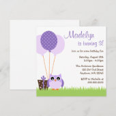 かわいいパープルオウルバルーンバースデー招待状 招待状 (正面/裏面)