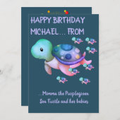 かわいいパープルグリーンウミガメ&ベビー誕生日カード 招待状 (正面/裏面)